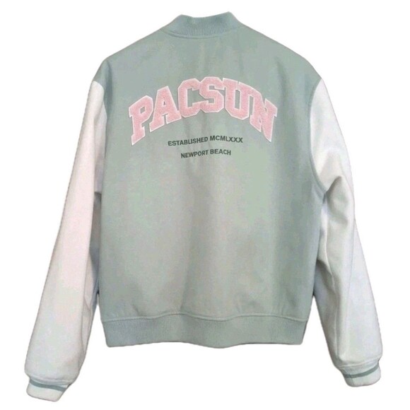Pacsun Newport Beach Varsity Letterman Jacket Women XS/S Mint Green Ivory Clean - Picture 3 of 8